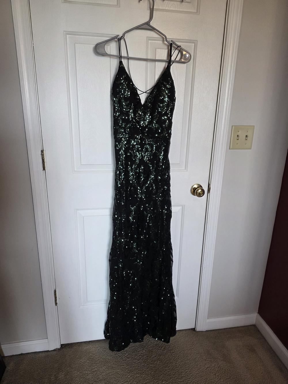 Windsor Emerald Sequin V-Neck Spaghetti Strap Maxi Dress